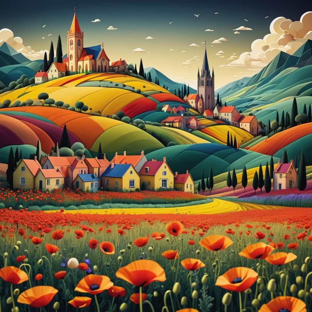 Surreal Patchwork Landscape with Gothic Buildings