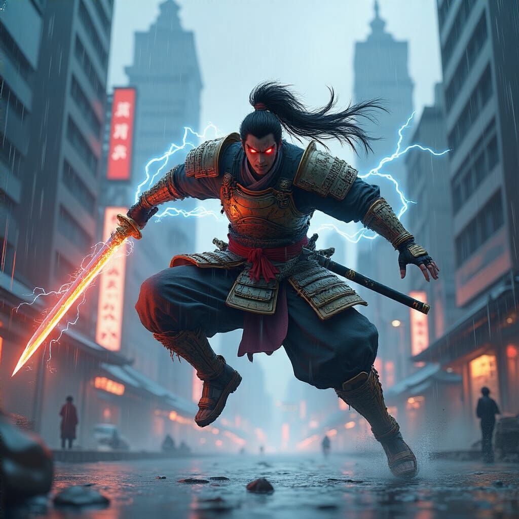 Anime Samurai Warrior Leaps Through Rainy Cityscape with Glo...