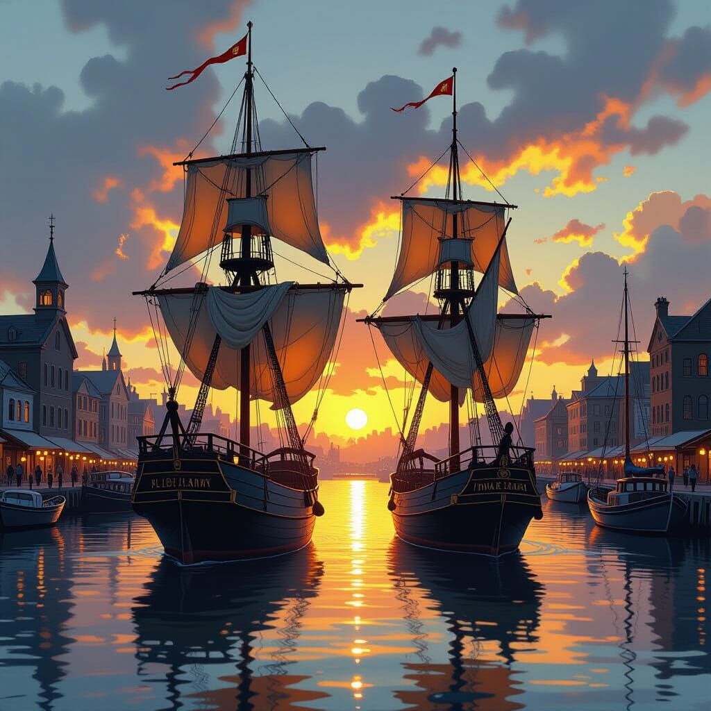 Sailing ships in the harbour yellow lantern light in golden hour by Andreas Lie, Akihiko Yoshida, Yoji Shinkawa, Dan Mou...