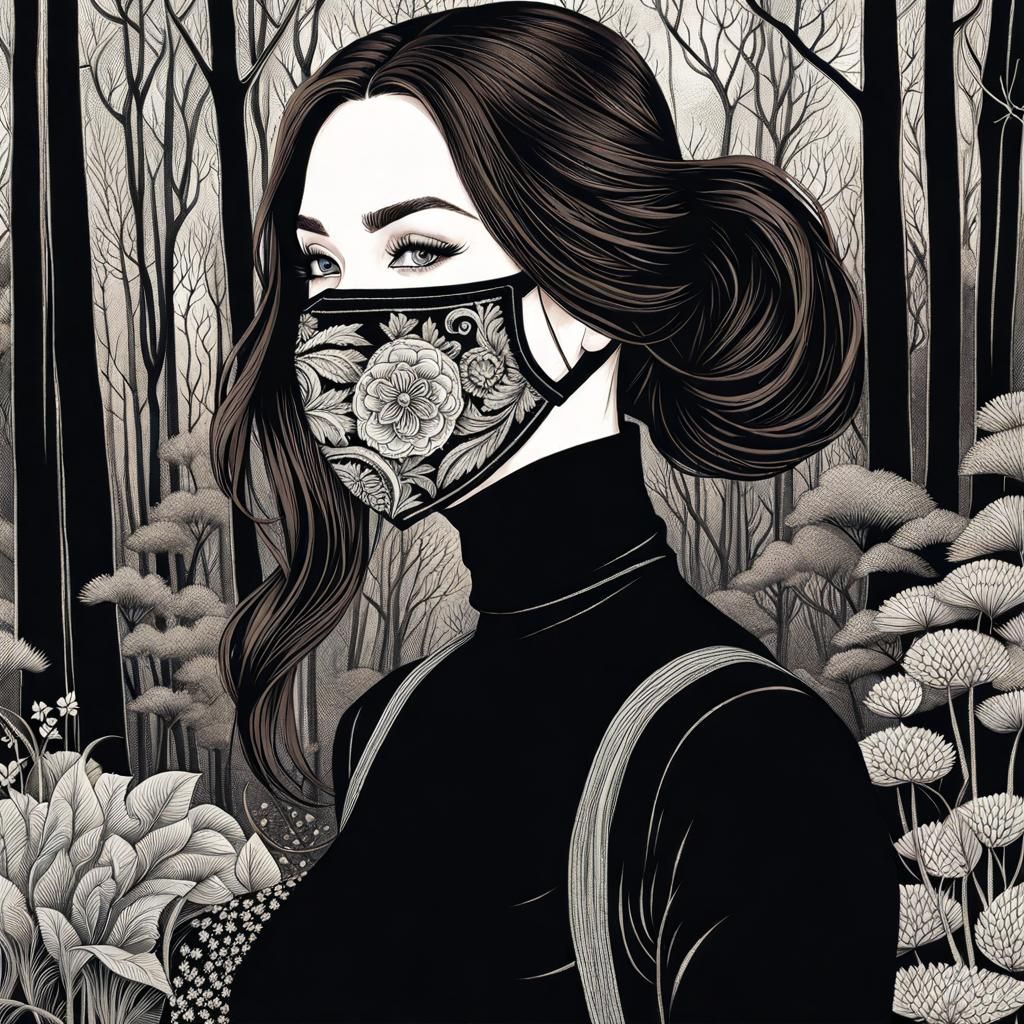 Mystic Garden Woman in Facemask: Charcoal Drawing