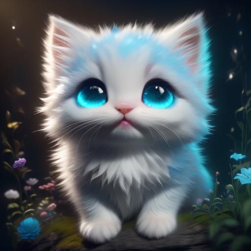 fluffy white kitten with blue eyes