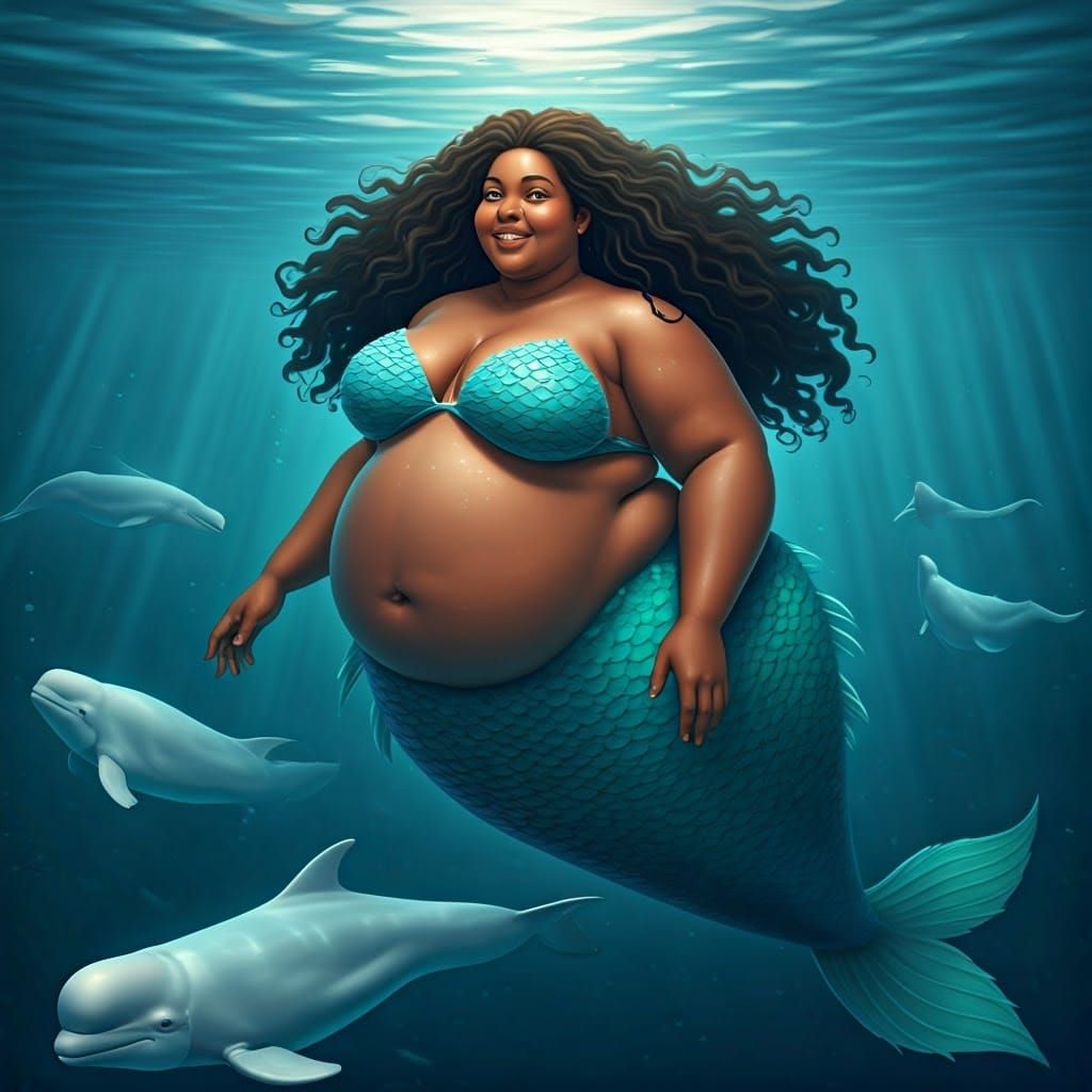 Joyful Black Mermaid in Arctic Sea with Belugas