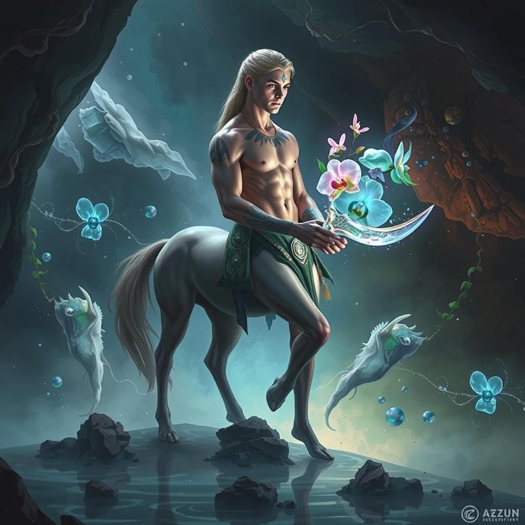 Mystical Centaur in Bioluminescent Crystal Chamber