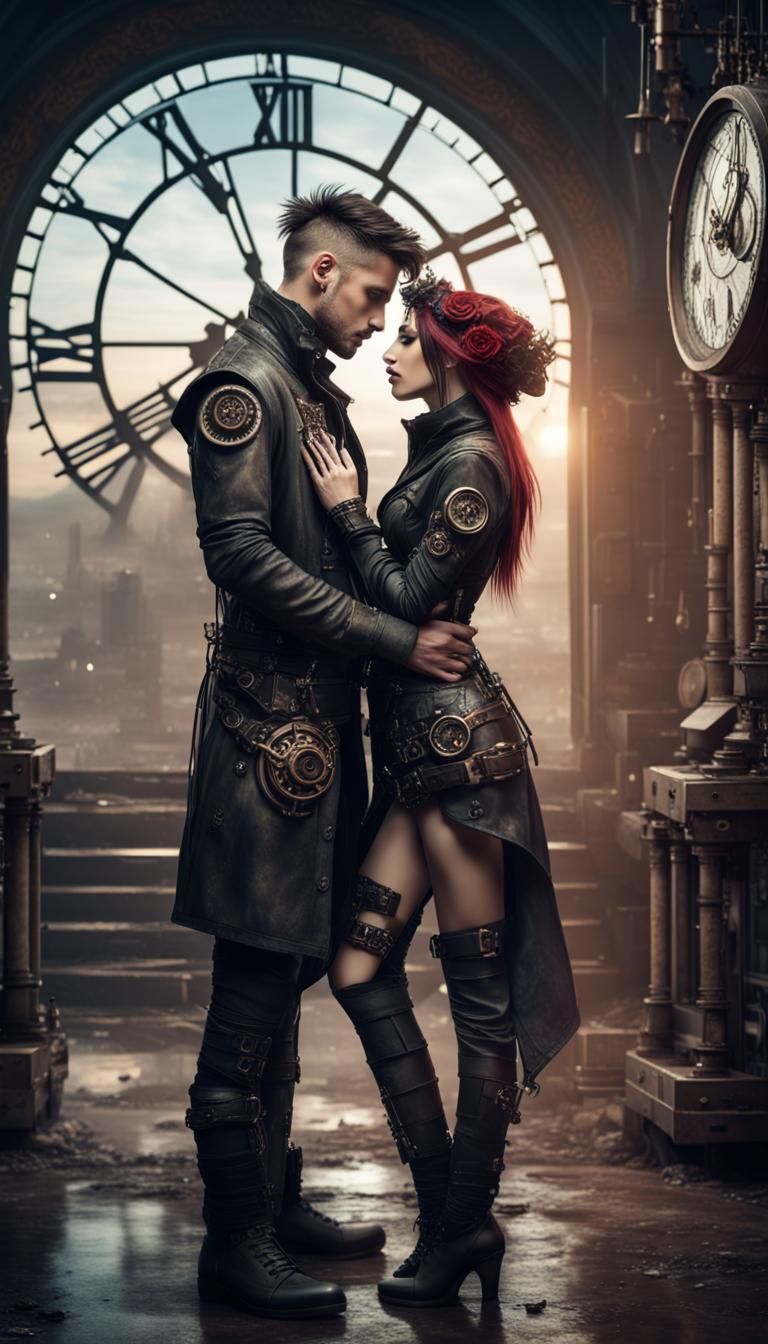 Steampunk Couple in Dystopian Setting: Digital Matte Paintin...