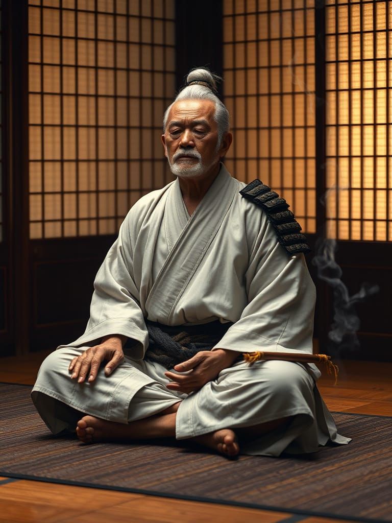 Weathered Samurai Master in Meditation, Traditional Japanese...