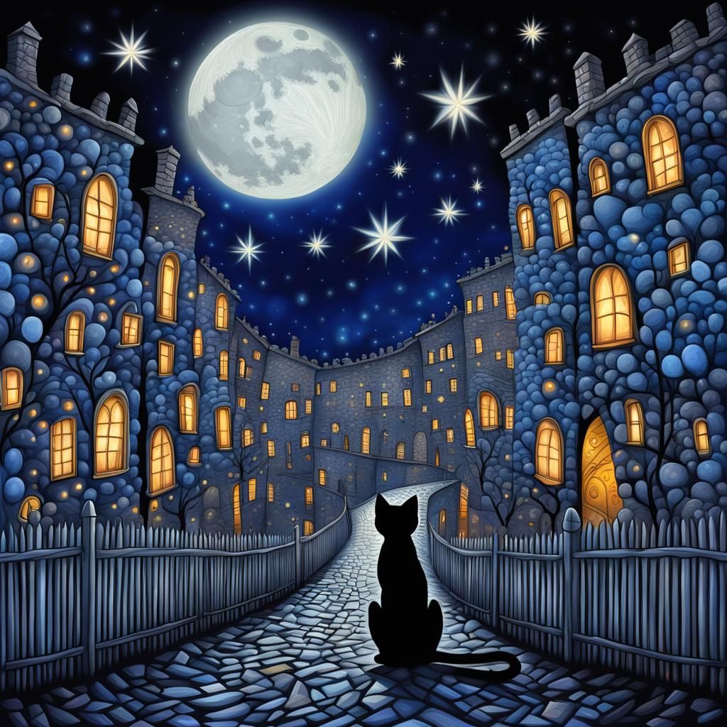 Fantasycore Starry Night with Cats, Expressionist Style