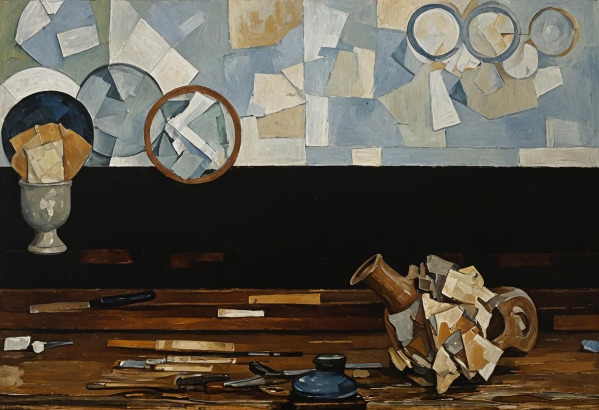 Cubist Still Life Painting in Georges Braque Style