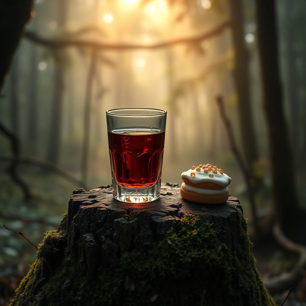 Rum and Cake in Misty Forest, Hyperrealistic