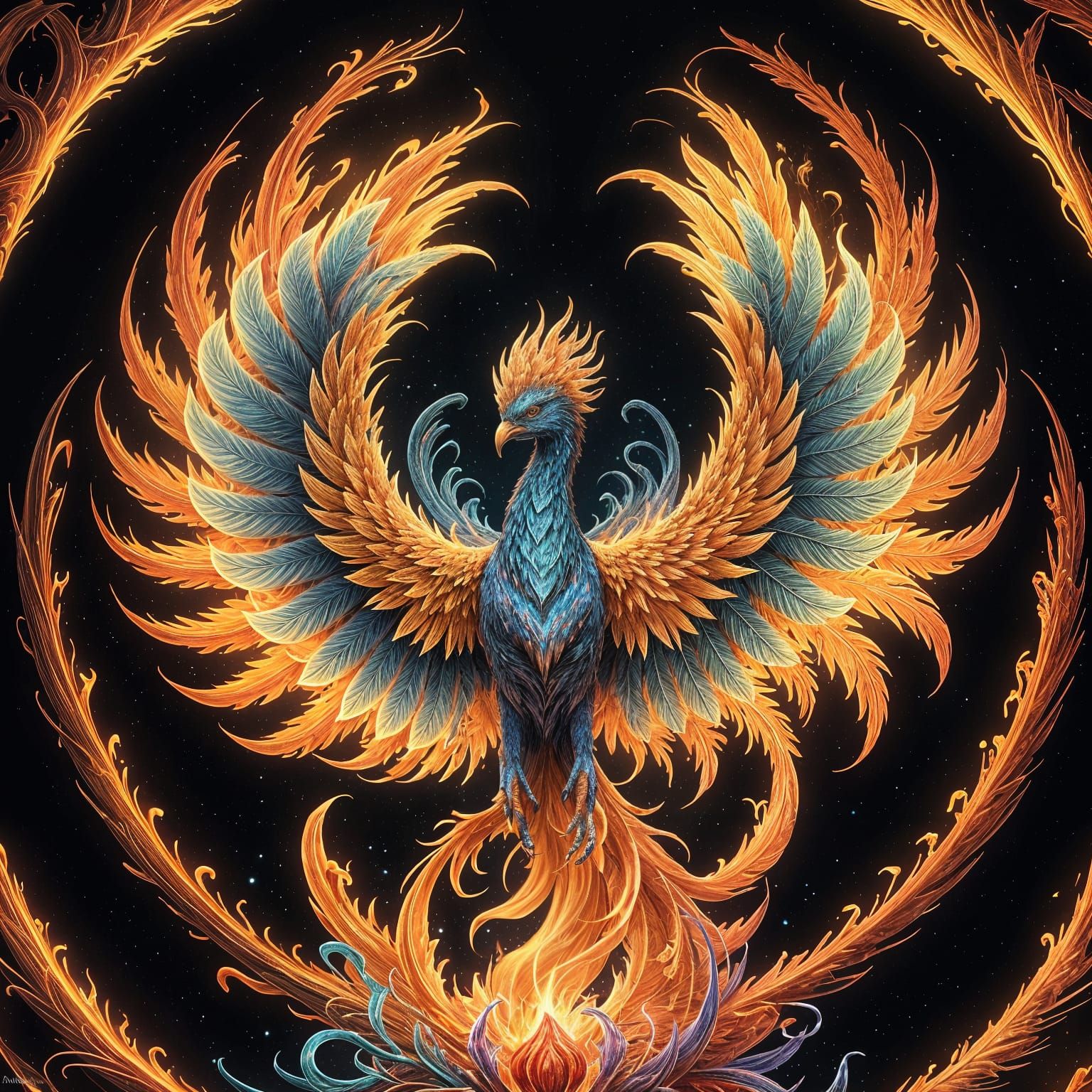 Bioluminescent Phoenix Rising: Kaleidoscope Fantasy Art