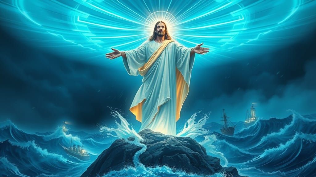 Radiant Savior Illuminates Turbulent Stormy Seas