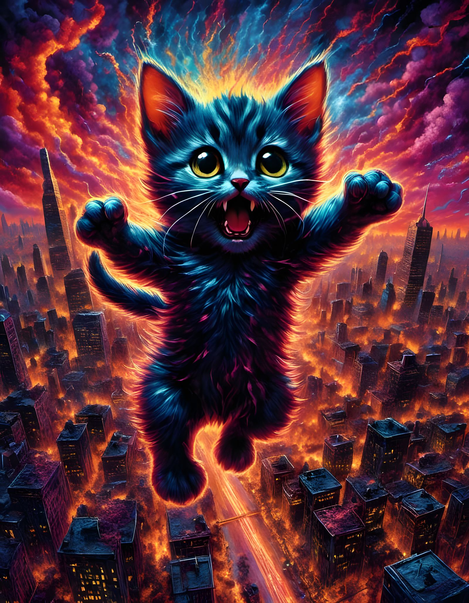 Kitten Kaiju Attack in Pop Surrealist Style
