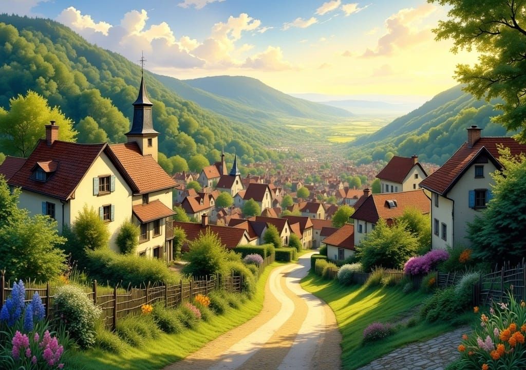 Idyllic Town View in Dreamy Landscape Style