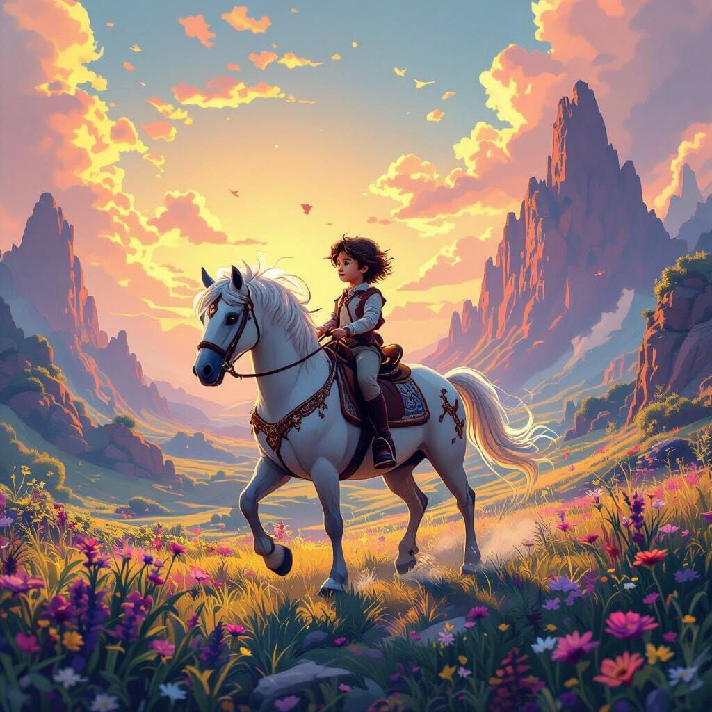Child Rides Magical Horse in Fantastical Comic Style
