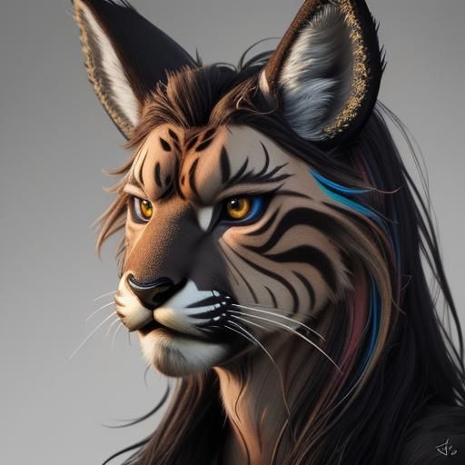 Deer lynx hybrid creature, bust, with long black mane