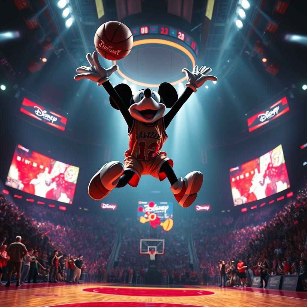 Mickey Mouse in Futuristic Basketball Arena