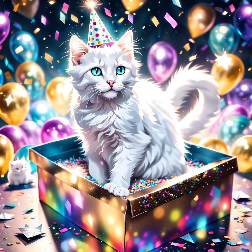 Cyberpunk Kitten Birthday Surprise with Glowing Eyes