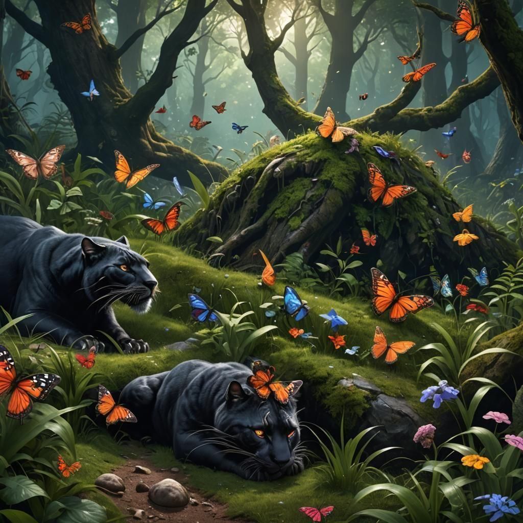 Sorceress and Panther in Forest: Fantasy Concept Art