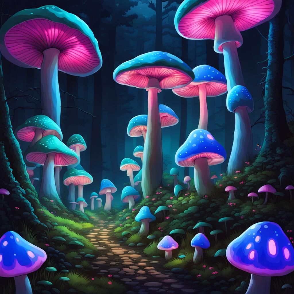 Glowing Mushroom Forest at Night: Bioluminescent Fantasy Art