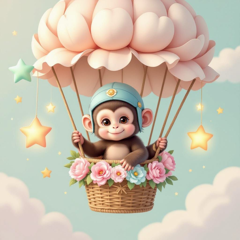 Baby Monkey in Peony Hot Air Balloon Art
