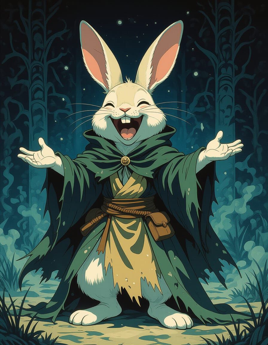 Joyful Rabbit Adventurer in Dark Fantasy Style