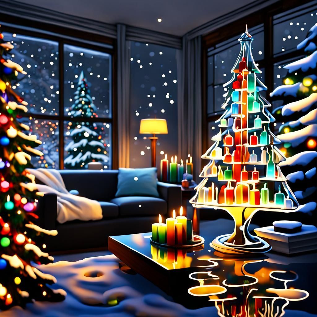 Glass Christmas tree with colourful candles