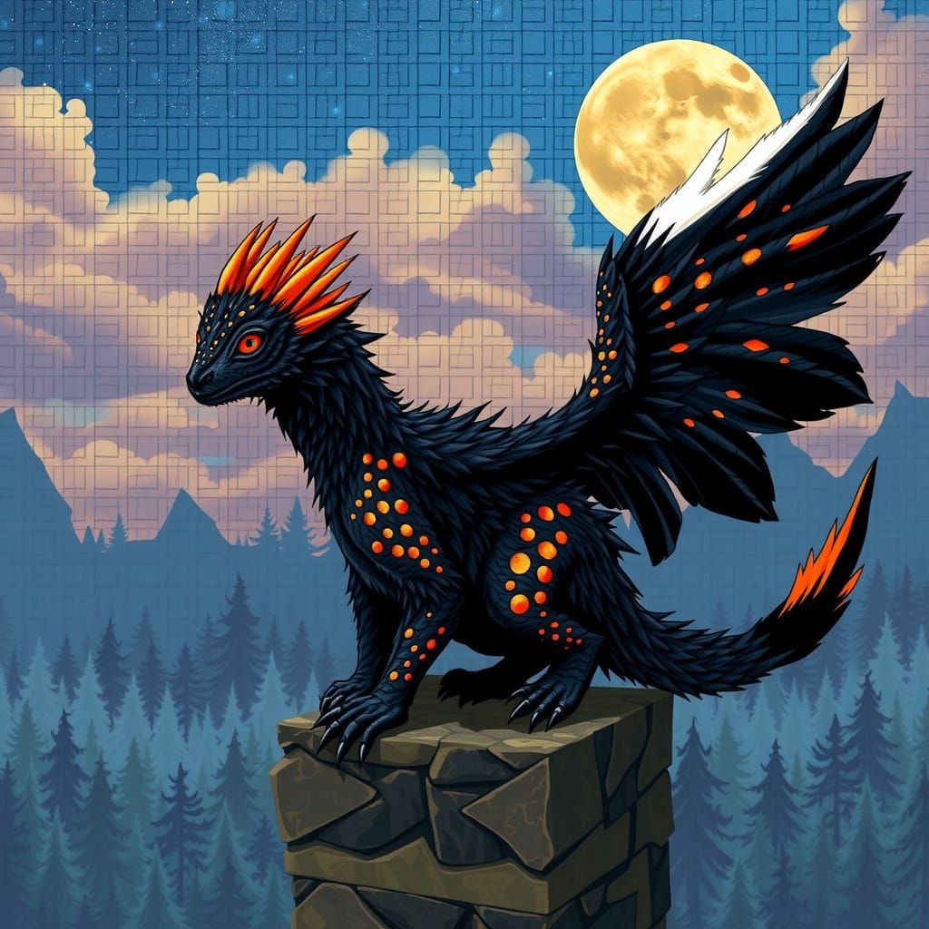 A black and spiky feathered Dragon-Skunk-Hybrid creature!