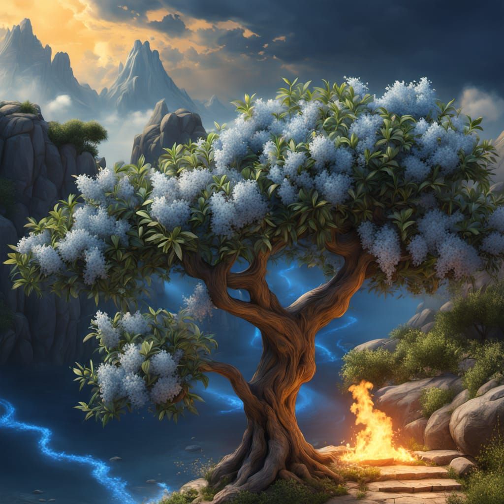 Olive Tree Encircled by Blue Fire, Digital Art
