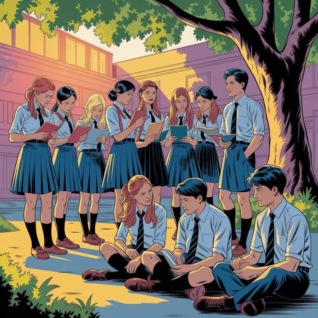 Gotham Students in Sunlit Courtyard: Comic Book Style