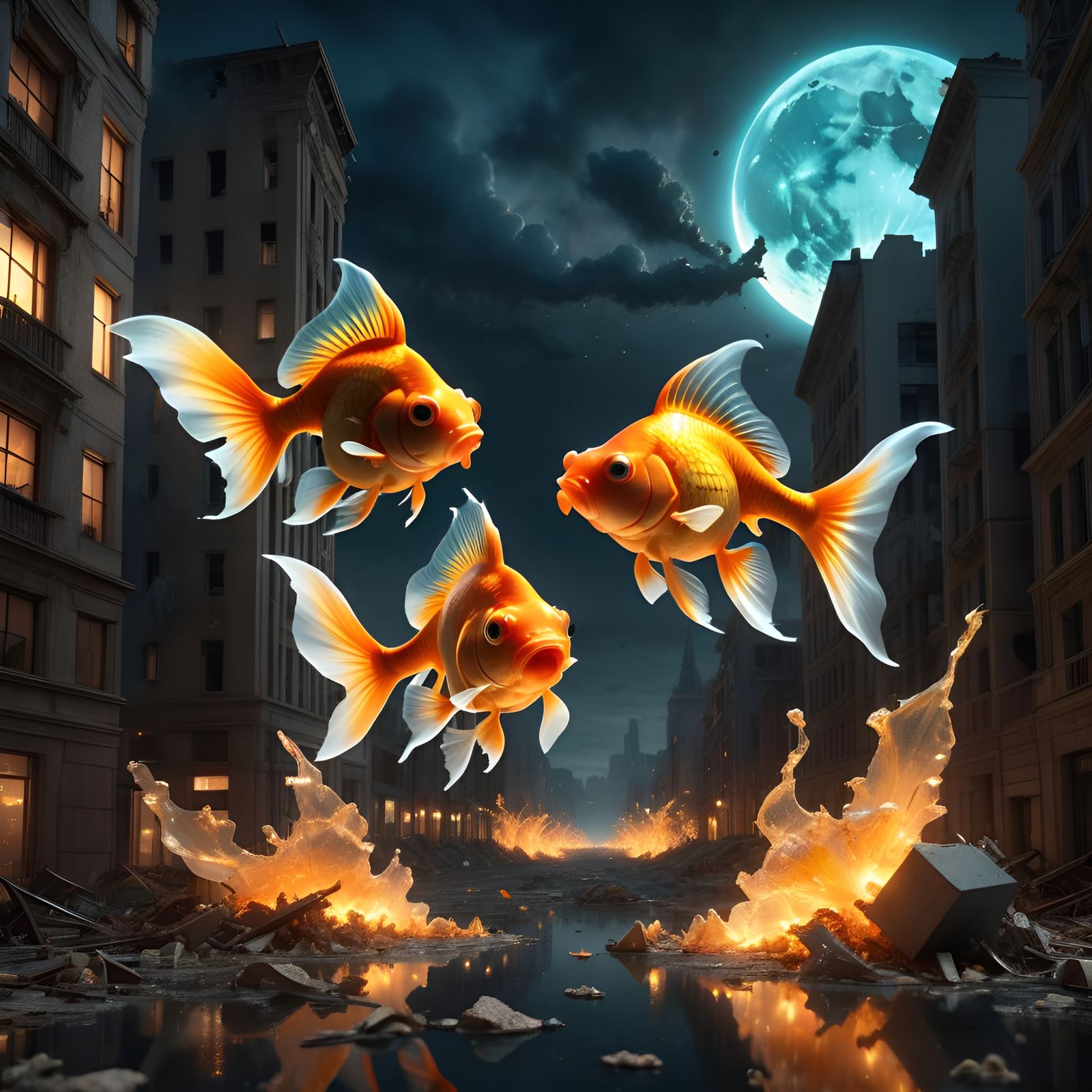 Radioactive Goldfish Over Cyberpunk Cityscape