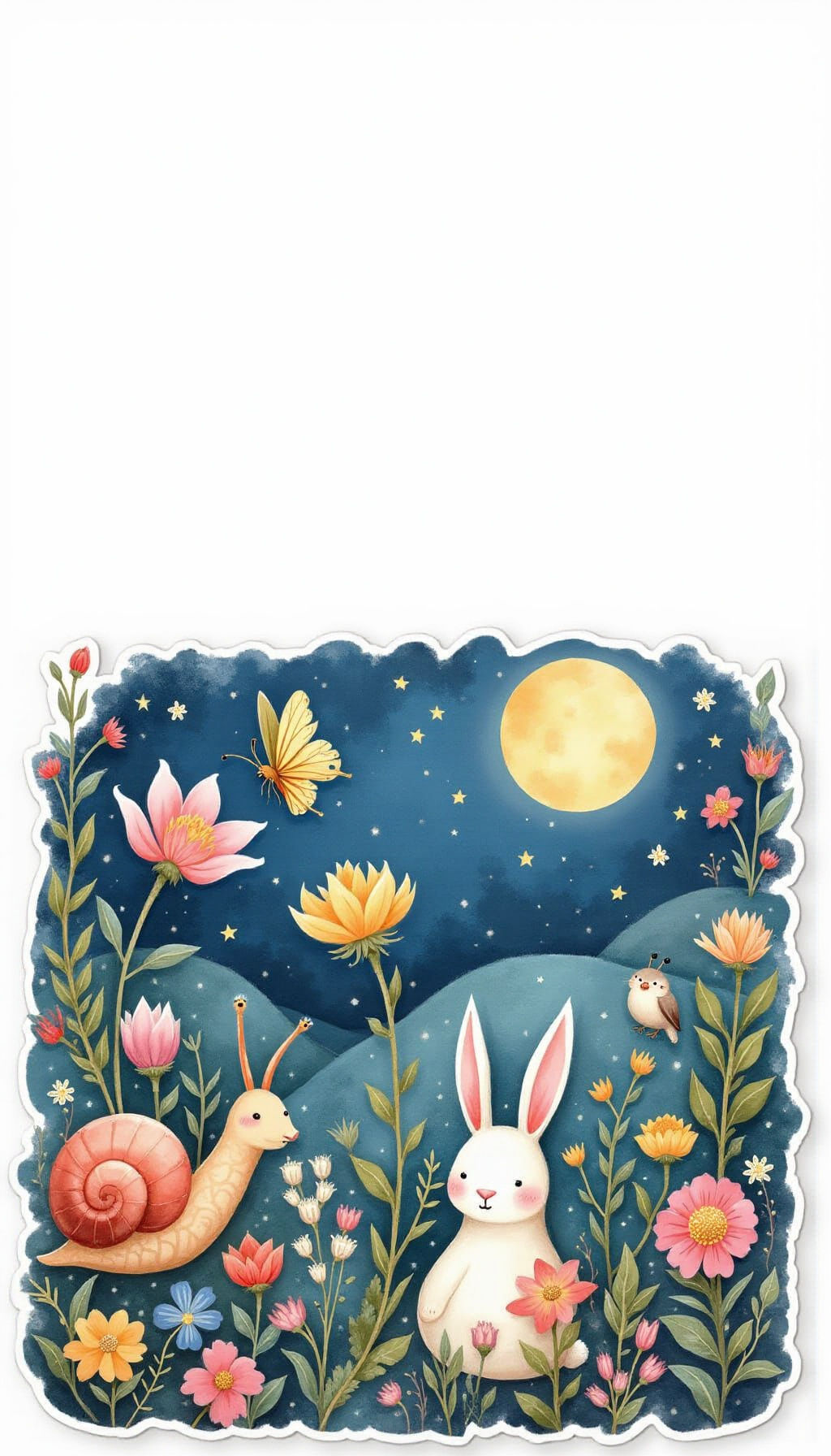 Enchanting Night Garden Scene with Floral Stickers