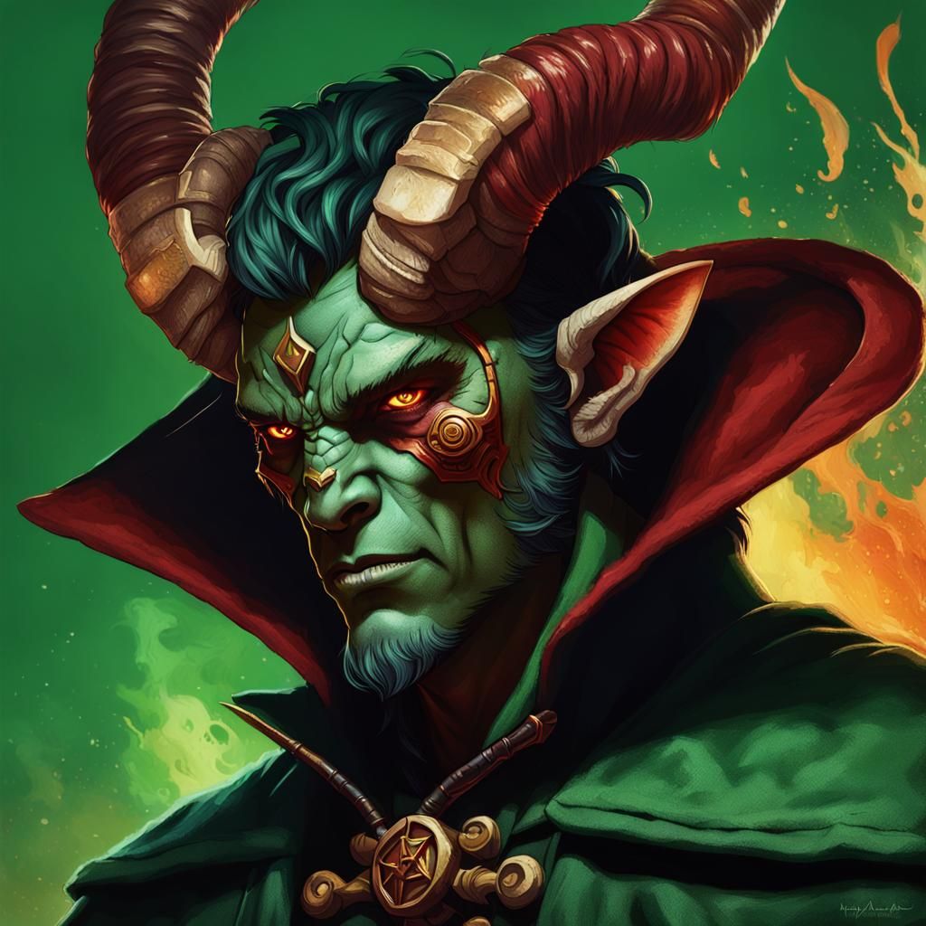 Tiefling Warlock with Ram Horns and Cathulu Aura