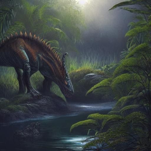 Ferocious Dinosaurs Fight in Jurassic Swamp: Paleoart
