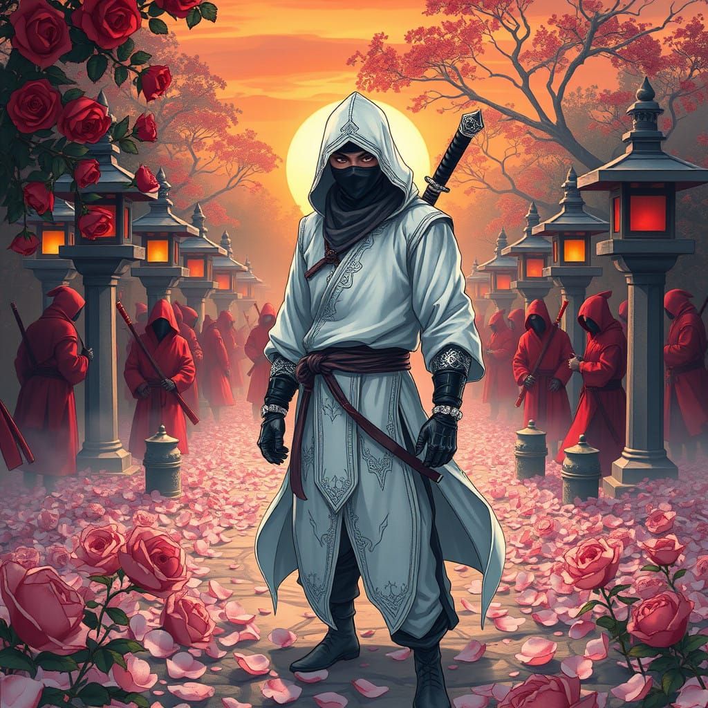 Ninja Master Surrounded by Red Clad Warriors in a Rose Petal...
