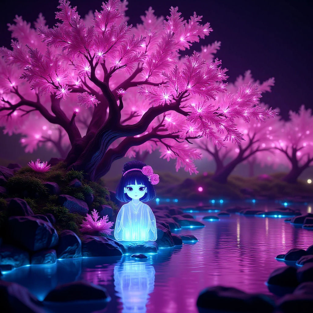 Bioluminescent Sakura Tree with Lego Ghost in 3D