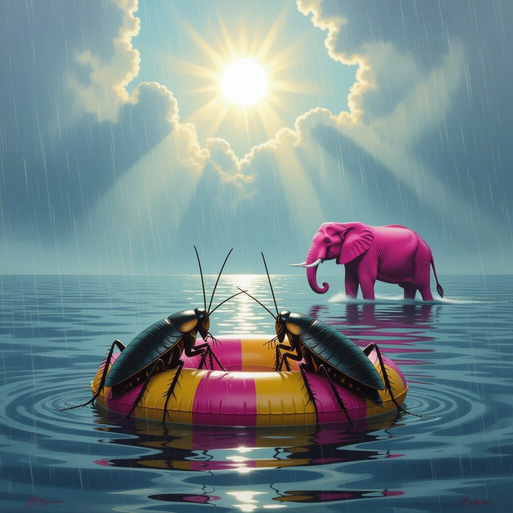 Humanoid Roaches Float in Post-Apocalyptic Ocean