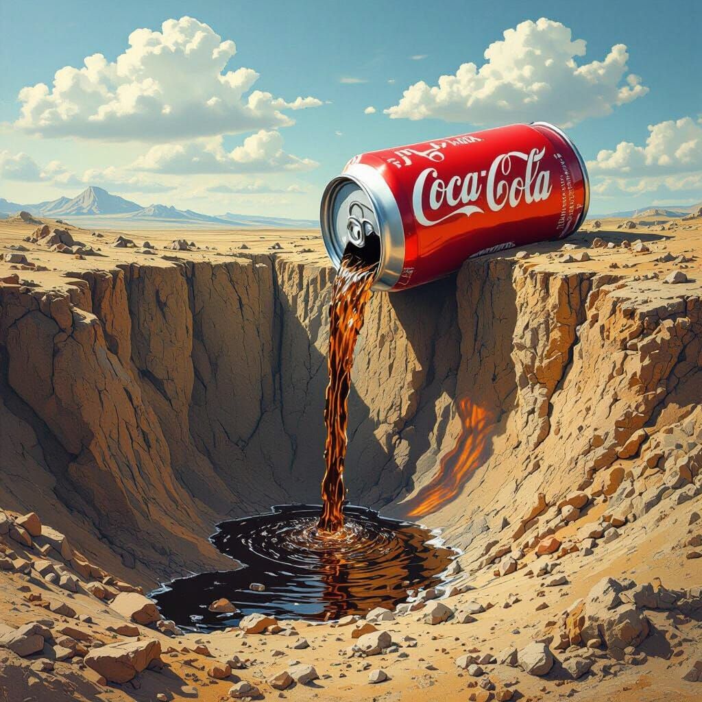 Surreal Coca-Cola Waterfall Landscape, Dystopian Art