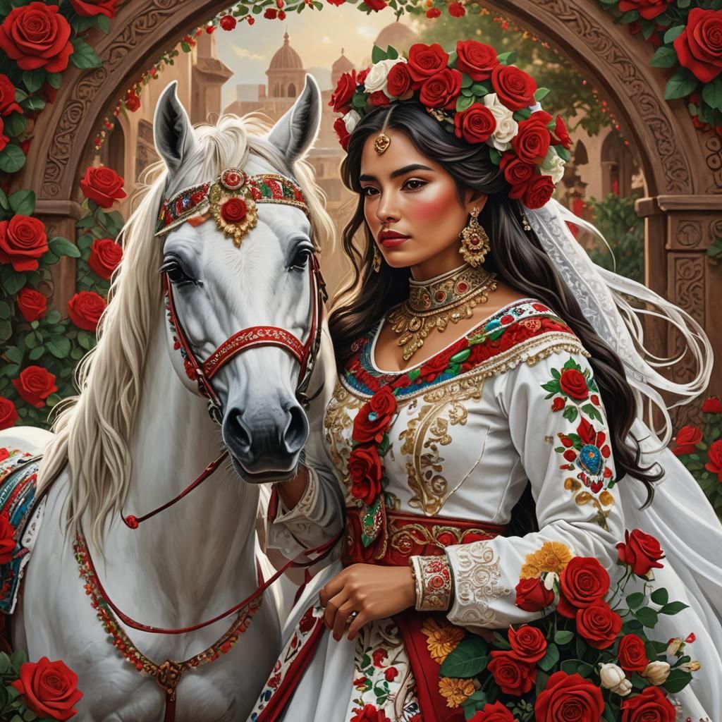 Mexican Woman and Horse with Roses in Traditional Attire