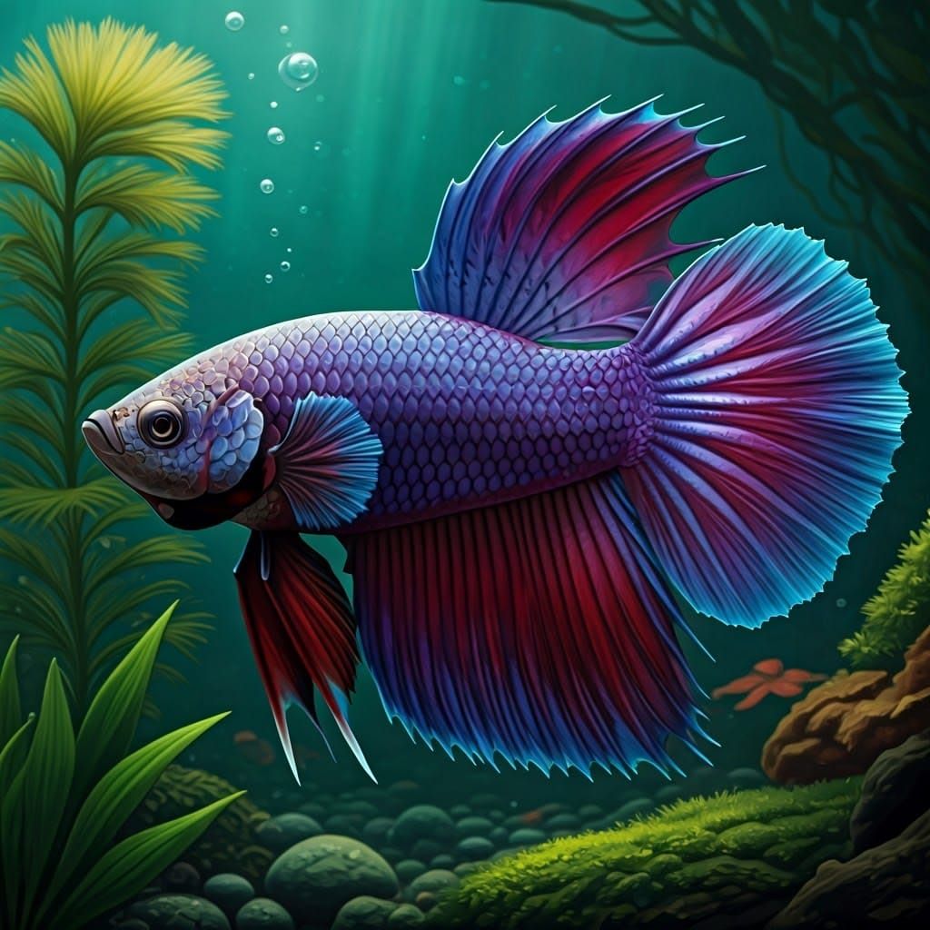 Realistic Purple Betta Fish, Zoological Illustration