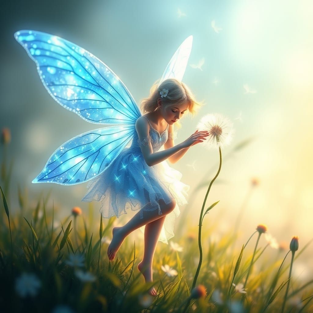 Radiant Blue Light Fairy with Dandelion