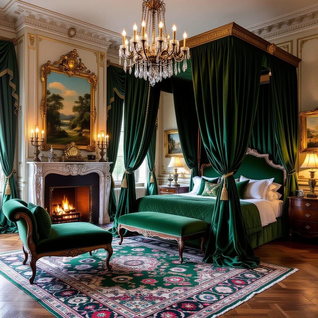 Opulent Baroque Bedroom with Velvet and Crystal Chandelier