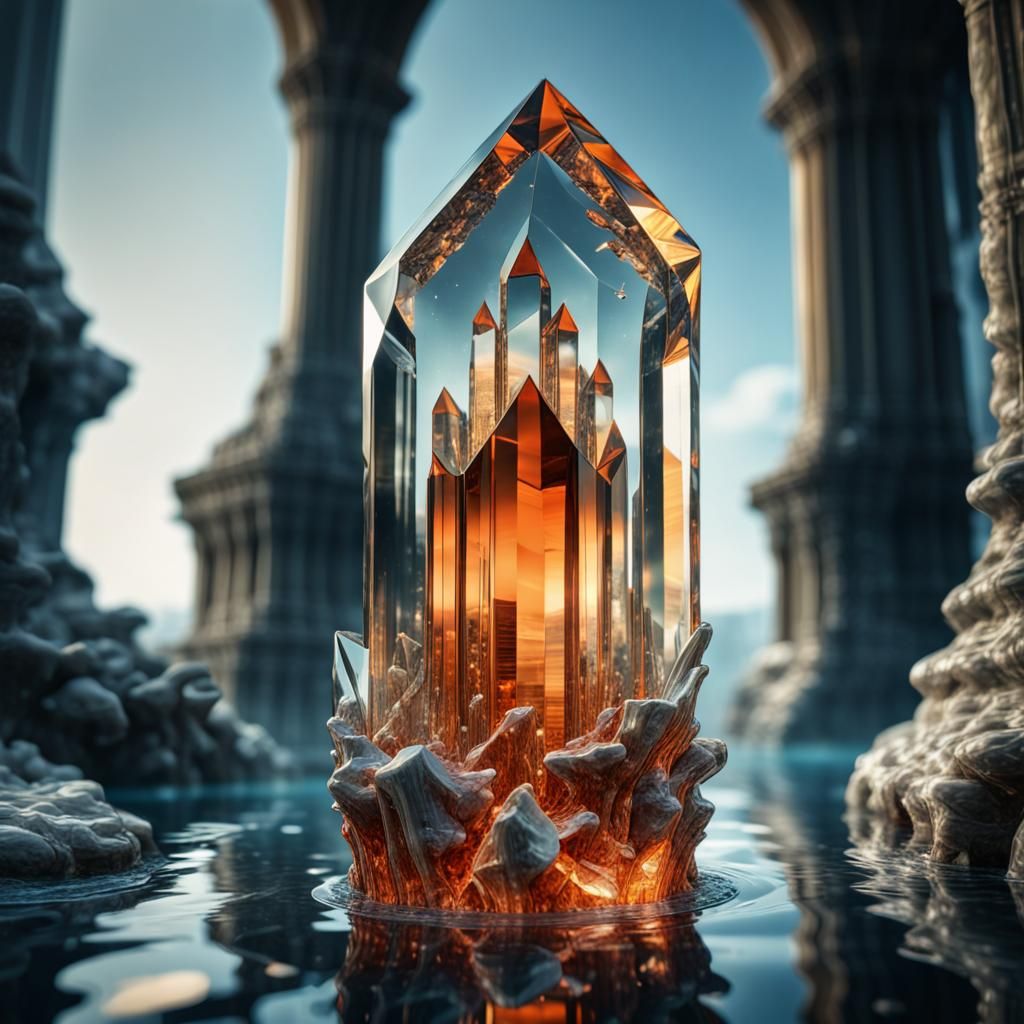 Underwater Orange Crystal Tower in Hyperrealistic Style