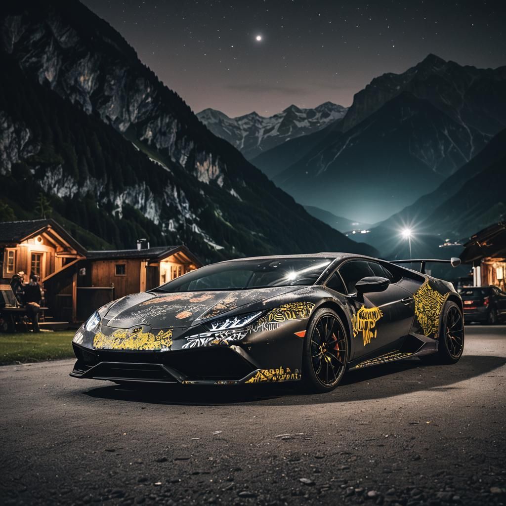 Lamborghini Huracan with Trash Polka Tattoo in Alps