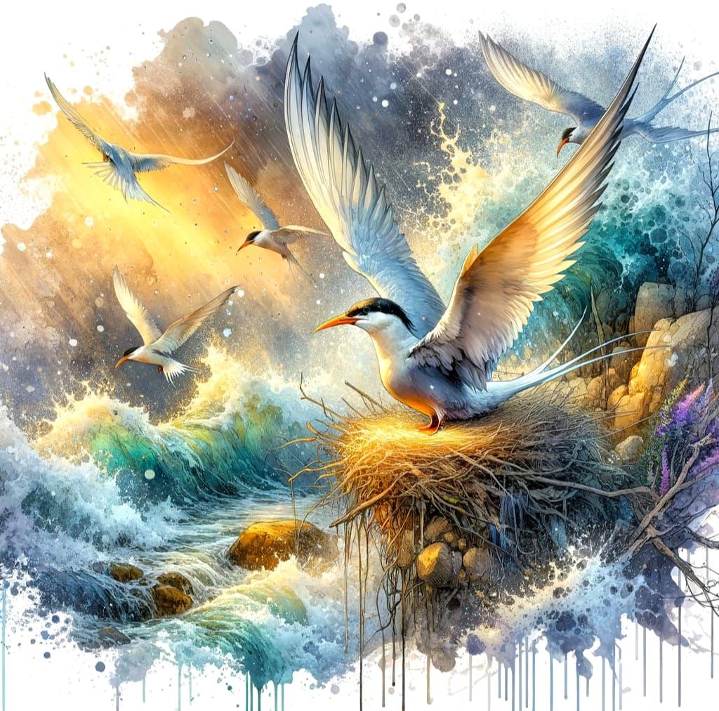 Terns in Oceanic Nest, Watercolor Style