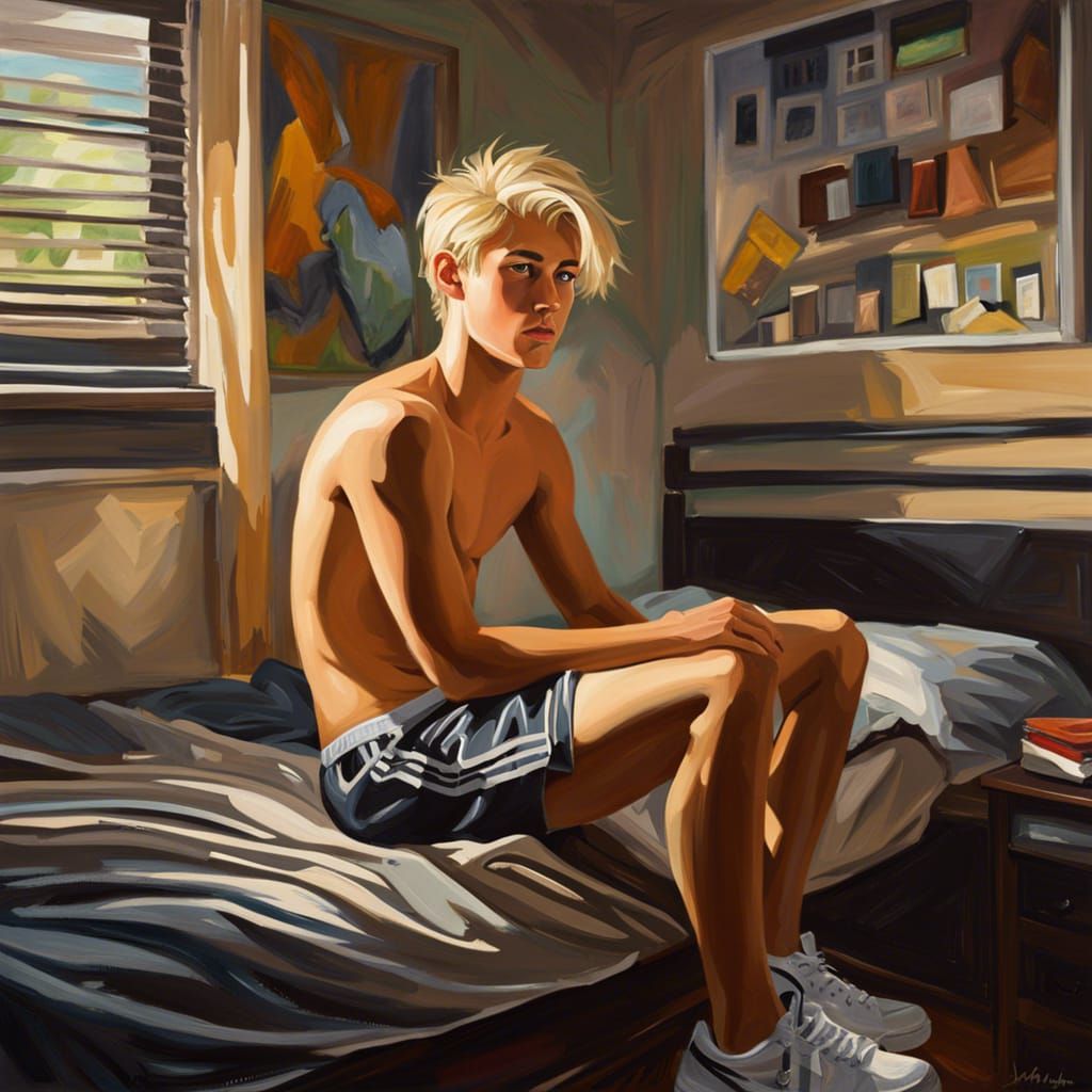 Moody Oil Painting: Young Man in Dorm Room