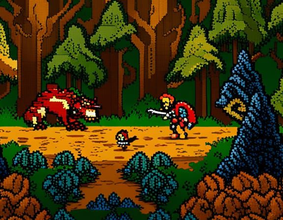 Pixel Art Knight Confronts Dragon in Forest