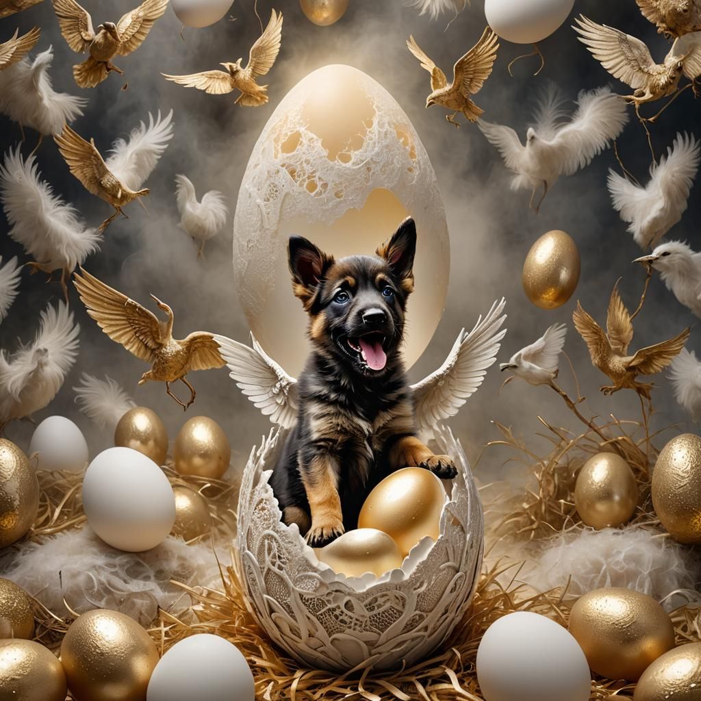 Winged German Shepherd Pup Emerges from Egg