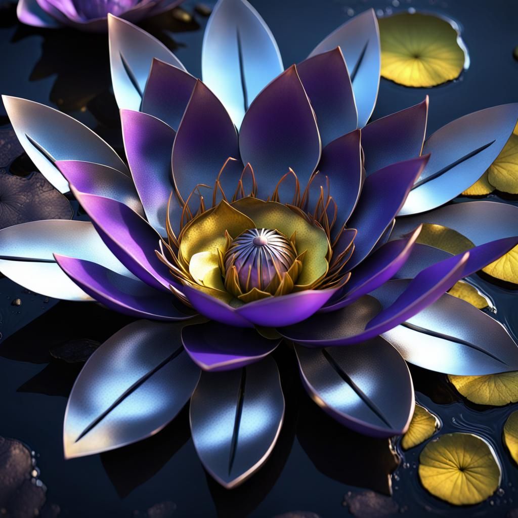 Metallic Lotus Flowers in Pond: Dark Fantasy Art