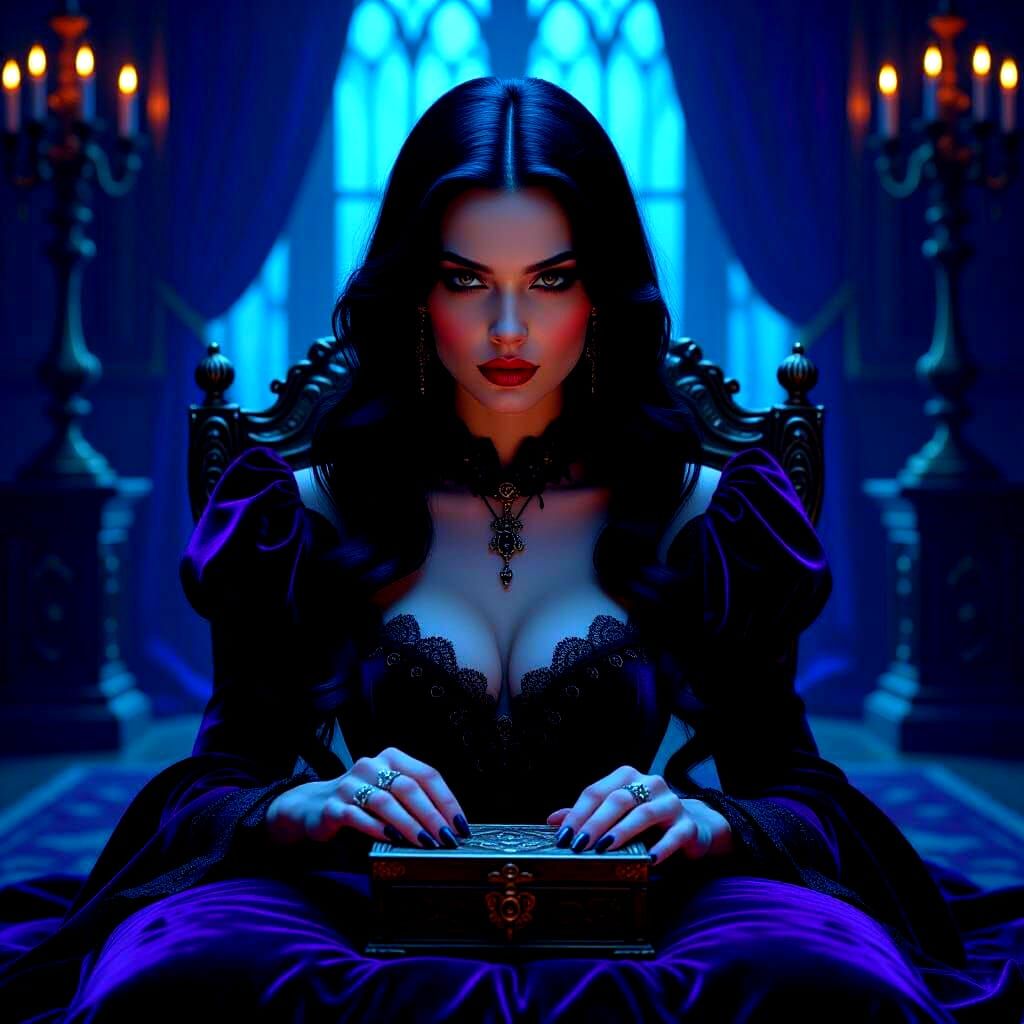 Gothic Woman Reaches for Mysterious Ornate Chest