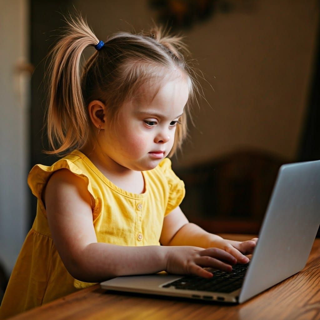 Young Girl with Down Syndrome Uses Laptop in Warm, Cozy Sett...