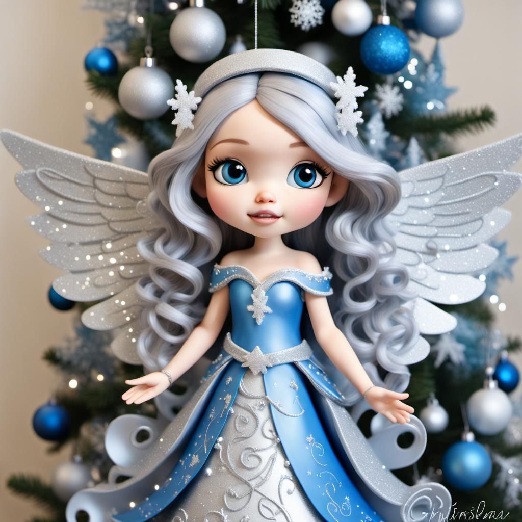 Disney Pixar style 3D blue and silver angels, giant silver glittery sparkly wings, silver halo, long flowing hair, singi...
